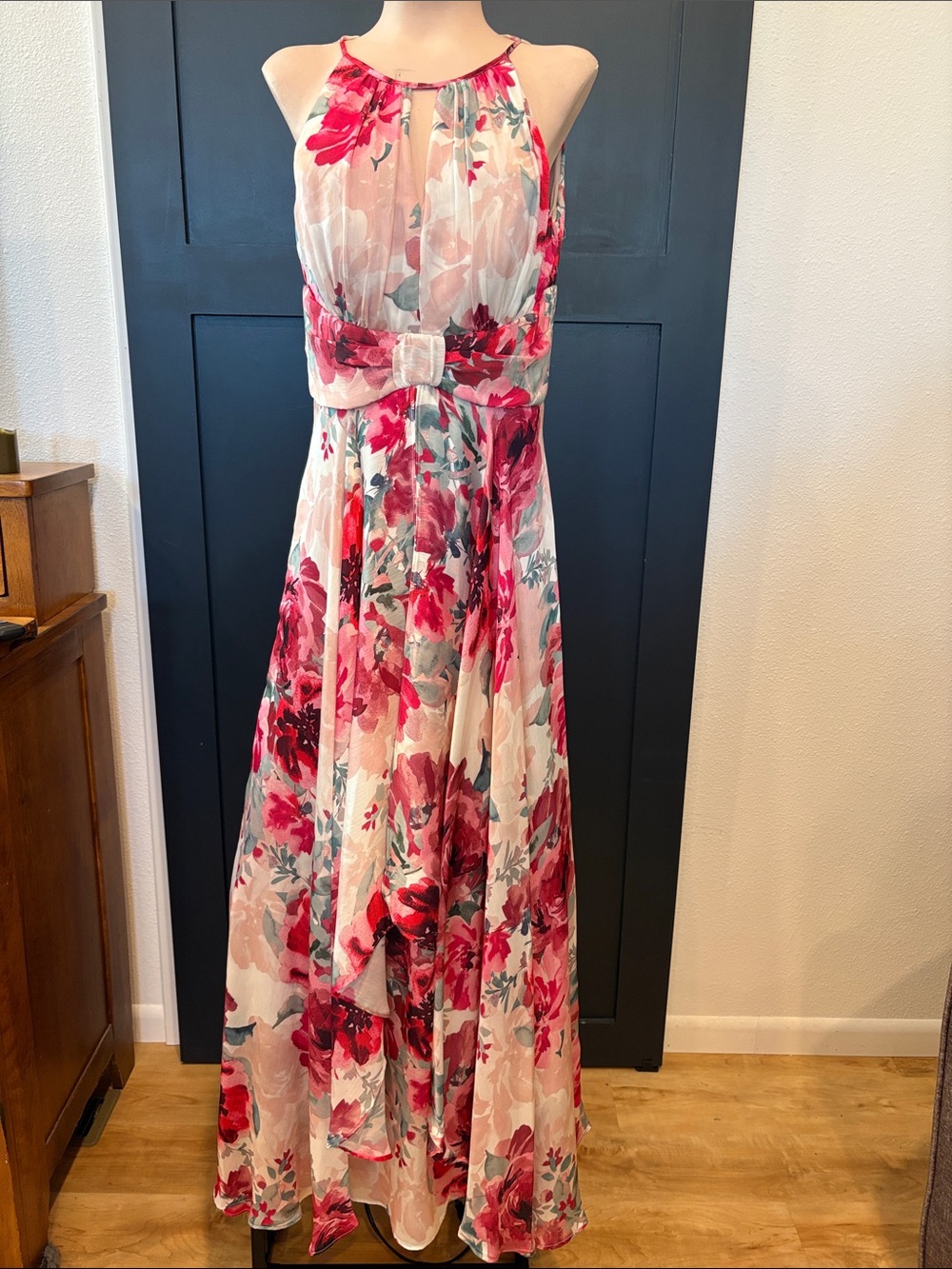 629. R&M Richards Pink Floral Halter Maxi Dress on Cream Base